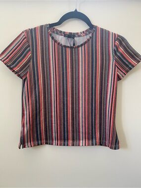Metallic Multicolour Vertical Stripe 70s Style Short Sleeve Crop Top